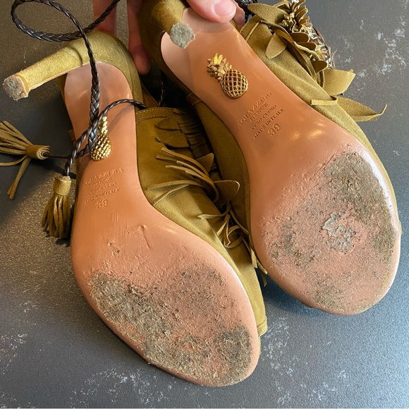 EUC Aquazzura Olive Green Suede Tassel Ankle Tie Sandals Size 39 - Picture 4 of 10